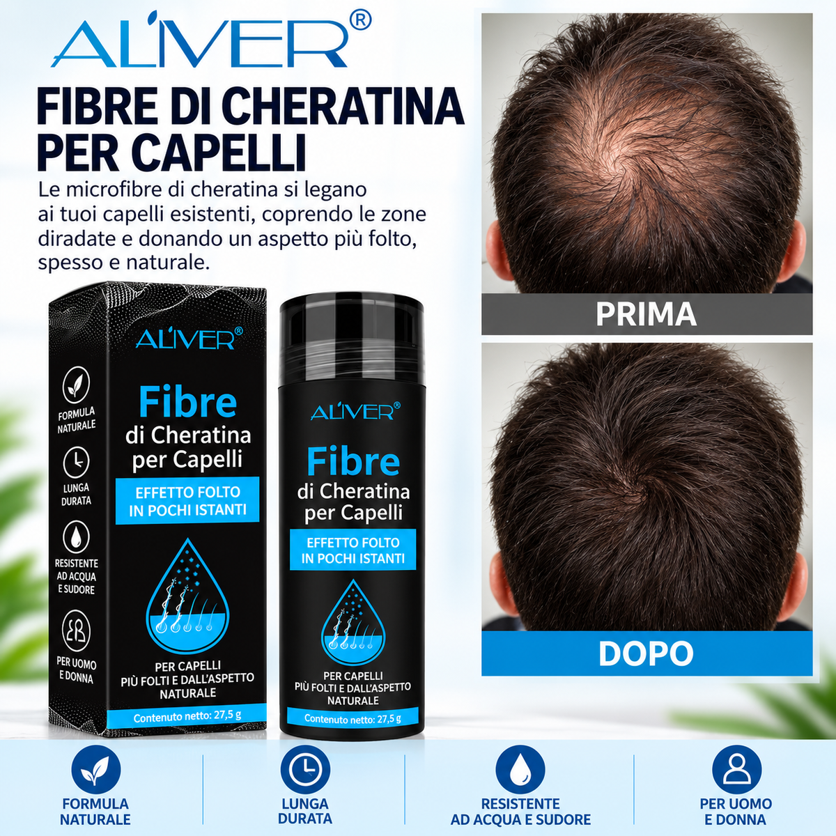 ALIVER Fibre di Cheratina per Capelli – Effetto Folto e Naturale