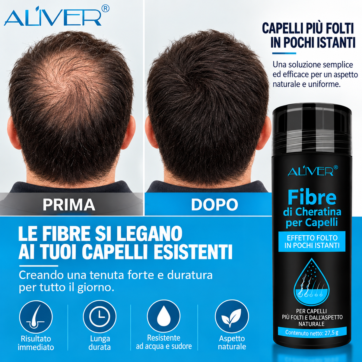ALIVER Fibre di Cheratina per Capelli – Effetto Folto e Naturale
