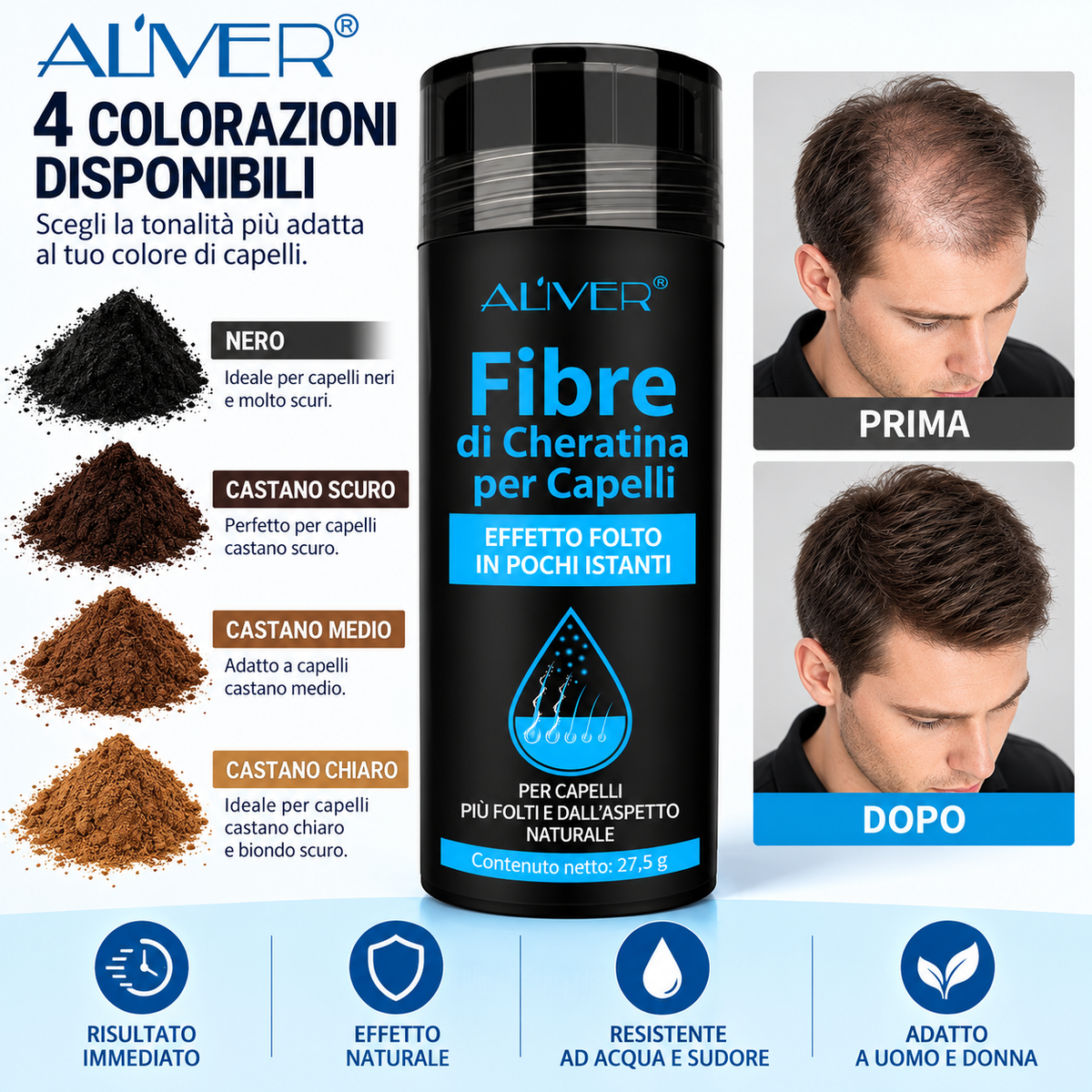 ALIVER Fibre di Cheratina per Capelli – Effetto Folto e Naturale